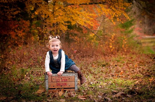 Little girl on antique milk crate fall picture